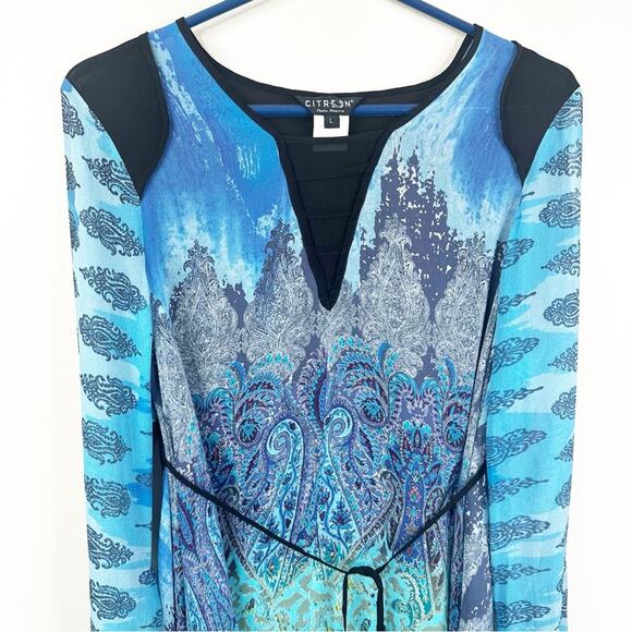 CITRON Silk Blouse Womens Large Handkerchief Hem Blue Flowy Long Sleeves - Picture 3 of 8